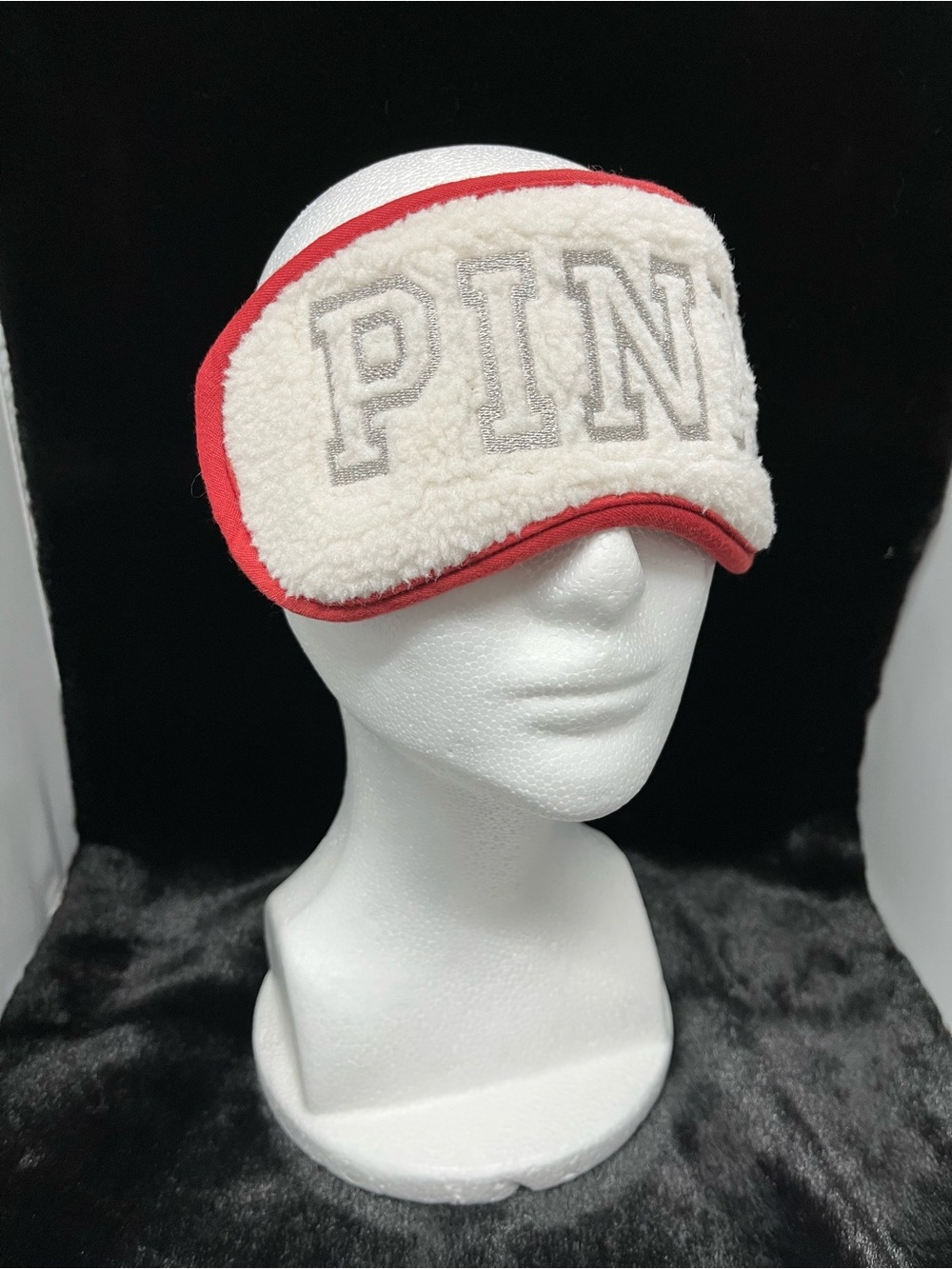 PINK Victoria's Secret Cream Sherpa Sleep Mask with Red Trim